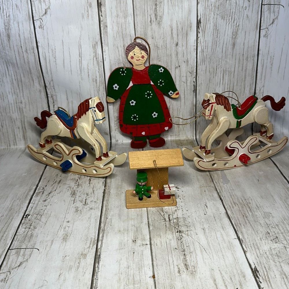 Vintage Wooden Christmas Ornaments 2 Rocking Horses Red Green‎ Dress Lady